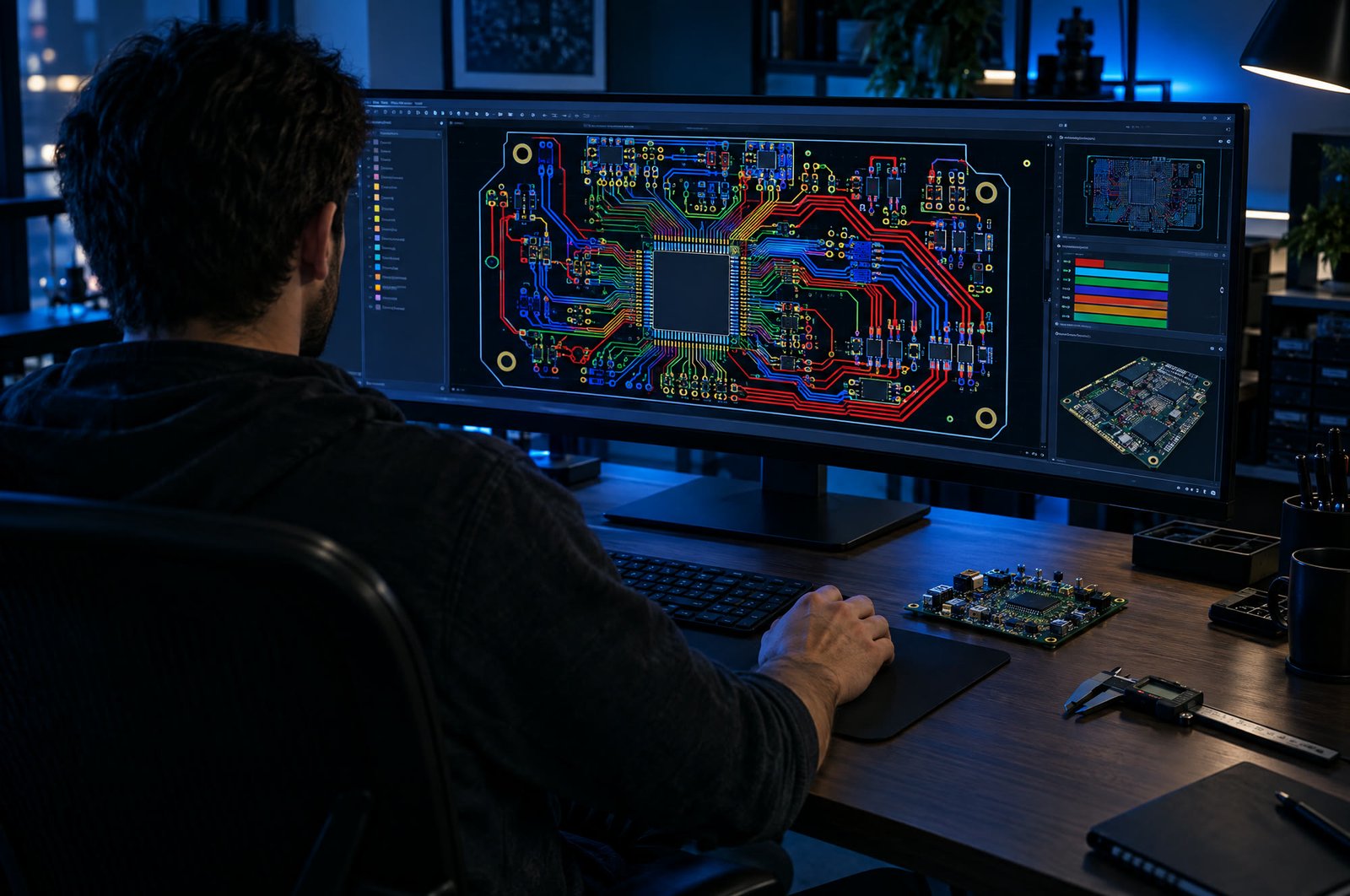 Engineer reviewing a multilayer PCB layout on a large monitor